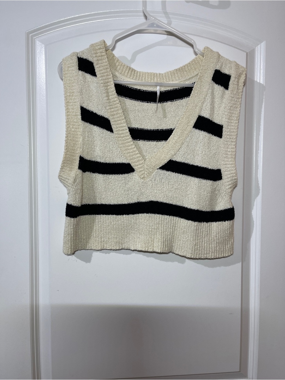 Free People Cream and Black Striped V-Neck Knit Vest